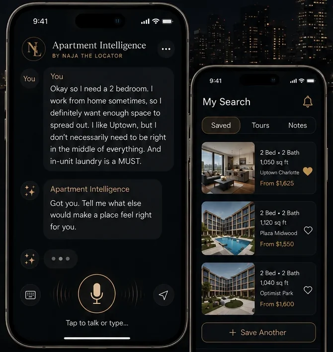 Apartment Intelligence on a phone: a conversation about what you want, and a saved list of matching apartments.